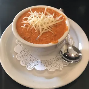 Roasted Red Pepper Gouda Soup! It is delicious and we look forward to it every time we come!