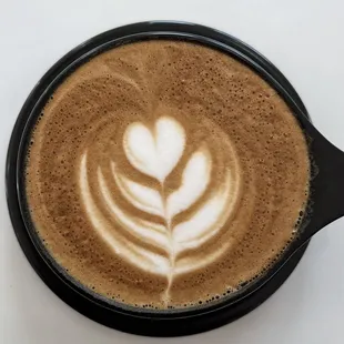 Latte in a black mug