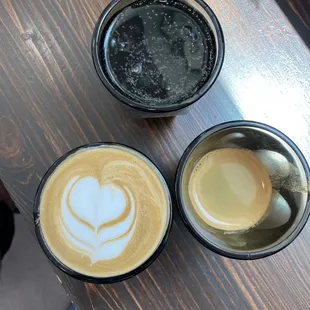 Cortado (bottom left), espresso (bottom right), sparkling water (top)