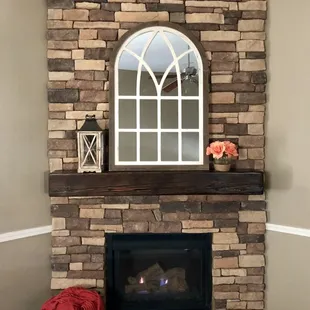 Stone Fireplace with Floating Beam Barn Wood Mantle
