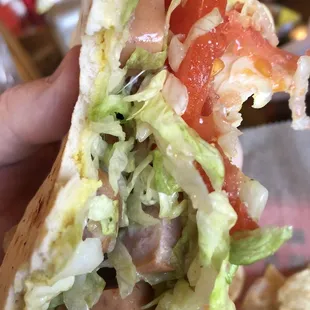 The Father Guido- polish sausage in a pita with lettuce, tomato, peppers, Italian dressing, provolone