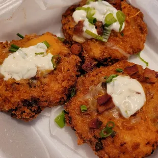 Odd potato rags that are entirely fried and had undetectable cheese.