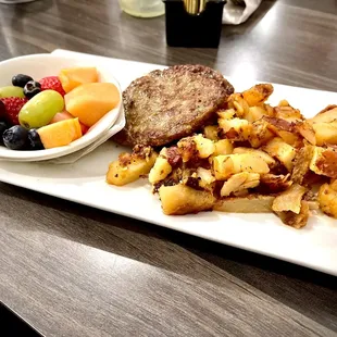 Sides with Belgium waffle combo I chose: fruit vs eggs, Sausage Patties &amp; home fries