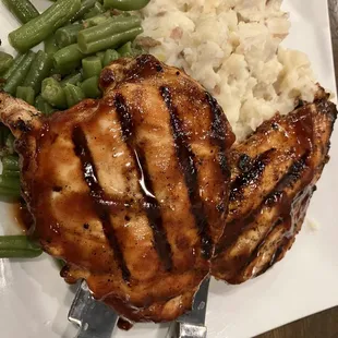 Grilled Chicken with Bourbon BBQ Sauce, Mashed Potatoes and Green Beans