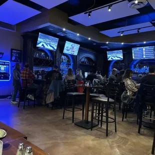 Blue light on the back splash of the bar