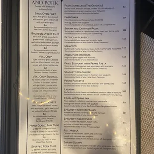 Dinner menu