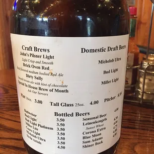 Beer menu on the table growler
