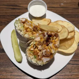 Buffalo Chicken Wrap w/ side of house chips, $11.99