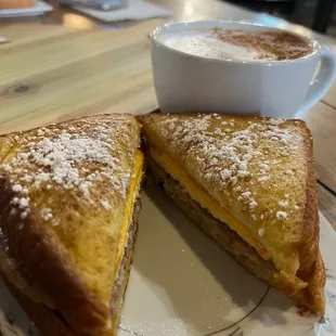 French Toast sausage egg and cheese sandwich