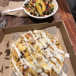 Buffalo chicken pizza and southwest salad