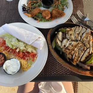 Fajitas and coconut shrimp.