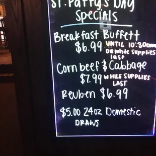 menu for st patrick&apos;s day specials