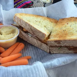 Turkey bacon ranch panini with carrots and hummus.
