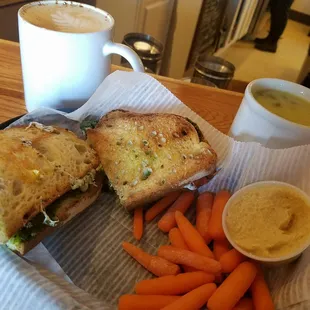 Caprese, carrots and humus, cream of asparagus soup and a latte. #sundaymornings