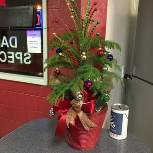 a christmas tree in a bucket