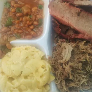 meat, beans, and mashed potatoes