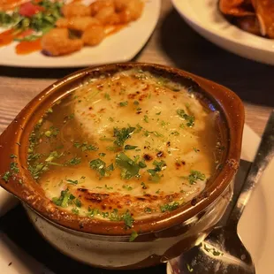 French Onion soup. With fried shrimp behind