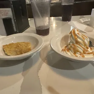 Bread pudding and ice cream with caramel sauce