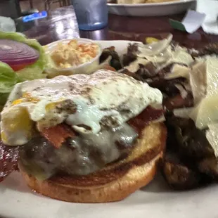 The Joshua - burger with fried egg and bacon. Side of brussel sprouts.