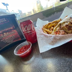 Delicious chicken bacon ranch wrap with a side of fries and a coke  Mmm mmm mmmmmm