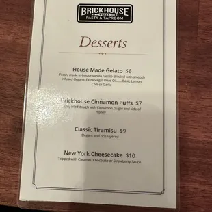 Dessert menu
