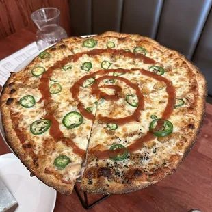 BBQ chicken pizza with jalapeños