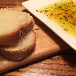 Bread &amp; garlic/chili dipping oil brought to the table.