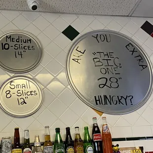 Examples of pizza sizes. We have ordered the giant one which is called the big one, and it is always a crowdpleaser!