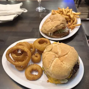 Brickhouse Burger with onion rings  Veggie burger and fries