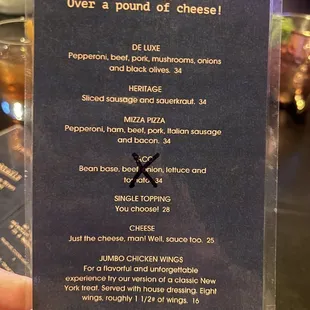 Pizza menu
