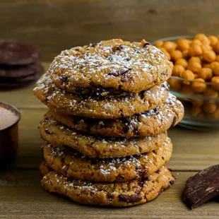 a stack of cookies with chocolate chips