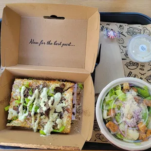 Truffled Shroom focaccia pizza with side kale Caesar salad