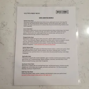 Gluten-free menu