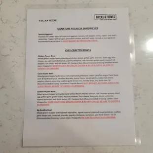 Vegan menu