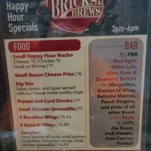 Happy hour menu 3-6pm