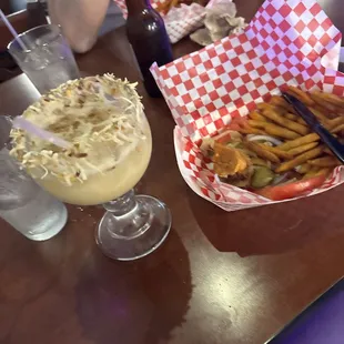 The "Stress Reliever " &amp; a "Old Fashioned " hamburger fully dressed with a ton of hot crispy deliciousness called house fries.