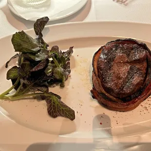 6 oz steak with bacon wrapping.