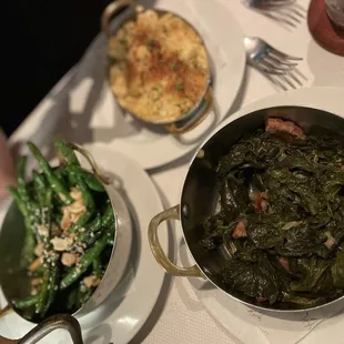 Chili green beans, cauliflower casserole and turnip greens.