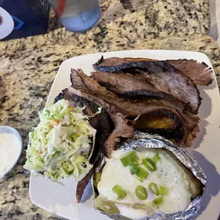 Brisket w/slaw and baked potato.