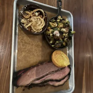 Brisket w roastes brussels and Pit-Smoked Beans