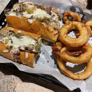 Cheese steak and onion rings