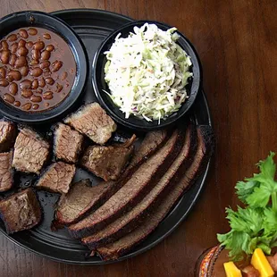 Brisket, burnt ends, baked beans, coleslaw, Bloody Mary