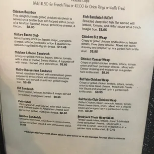 Sandwich/wrap menu