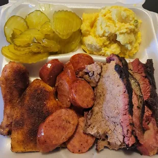Chicken, sausage, brisket, and tater salad