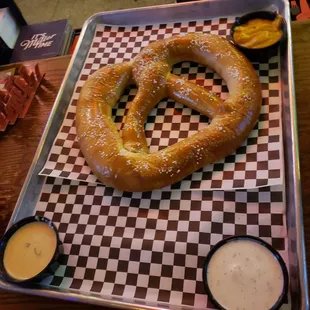 Giant Pretzel and sauces.