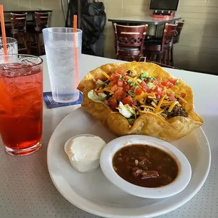 a plate of food and a drink