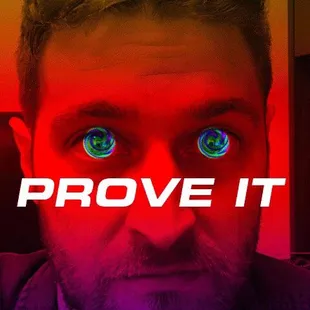 a man with blue eyes and the words prove it