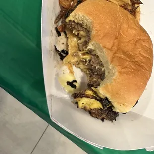 a cheeseburger and fries