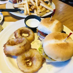 Sliders and onion rings, happy hour.