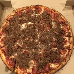 Pepperoni and sausage pizza.